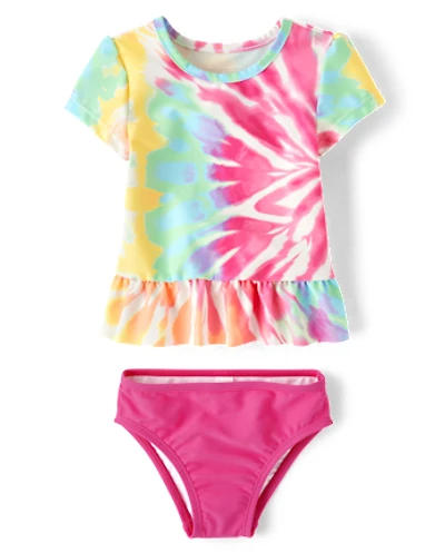 Baby And Toddler Girls Rainbow Tie Dye Peplum Rashguard Swimsuit