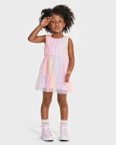 Toddler Girls Rainbow Shimmer Mesh Tiered Dress