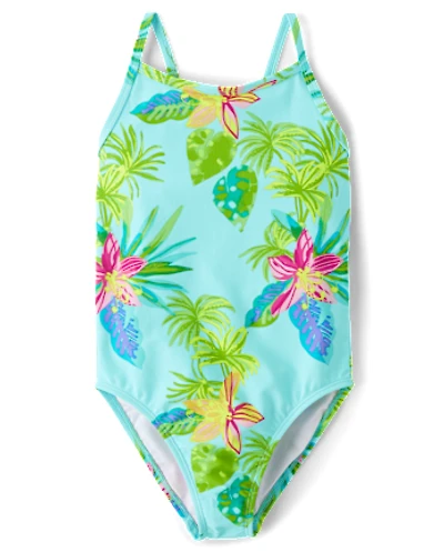 Girls Print Cross Back One Piece Swimsuit