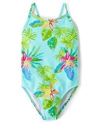 Girls Print Cross Back One Piece Swimsuit