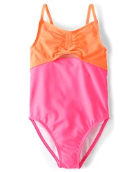 Girls Colorblock Ruched Cut-Out One Piece Swimsuit
