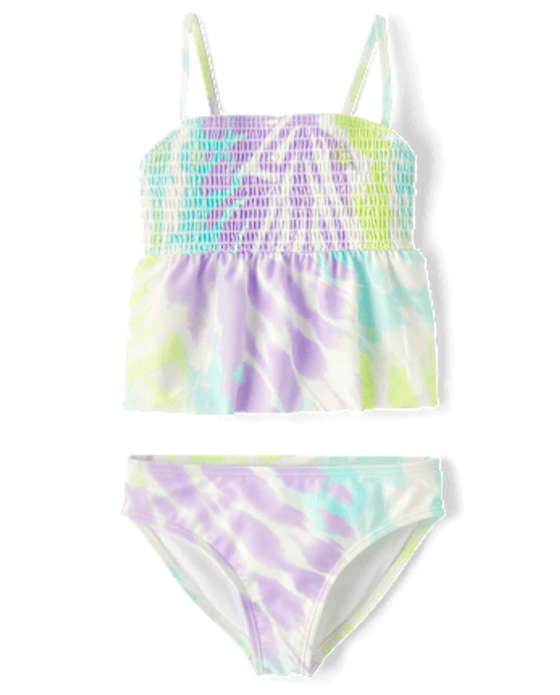 Girls Print Smocked Tankini Swimsuit