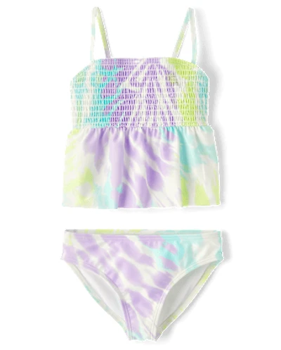 Girls Print Smocked Tankini Swimsuit