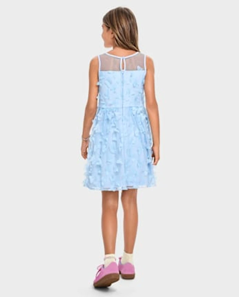 Girls 3D Butterfly Mesh Fit And Flare Dress