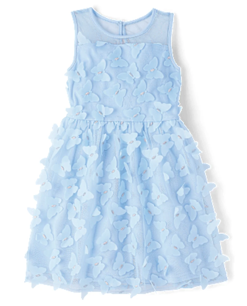 Girls 3D Butterfly Mesh Fit And Flare Dress