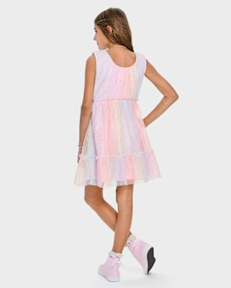 Girls Rainbow Shimmer Mesh Ruffle Dress