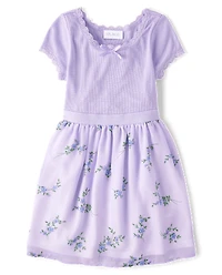 Girls Floral Ribbed Fit And Flare Dress