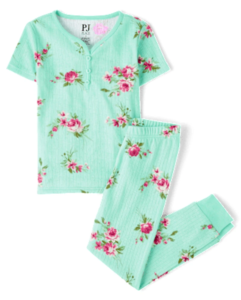 Pyjama en coton à imprimé floral Henley Pointelle pour fille, coupe ajustée