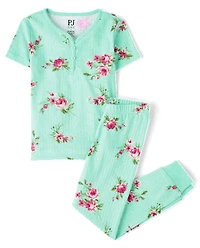 Pyjama en coton à imprimé floral Henley Pointelle pour fille, coupe ajustée