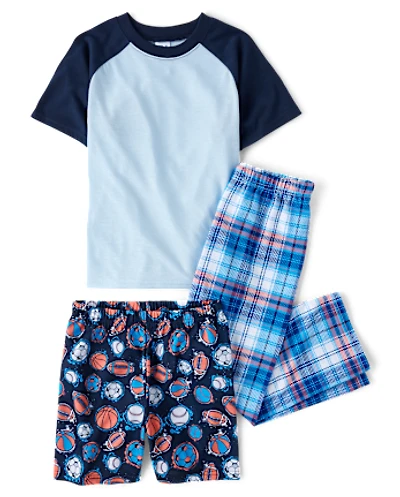 Boys Sports Plaid 3-Piece Pajama Set