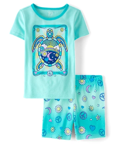 Girls Turtle Snug Fit Cotton Pajamas