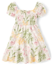 Girls Matching Family Tropical Smocked Tiered Dress