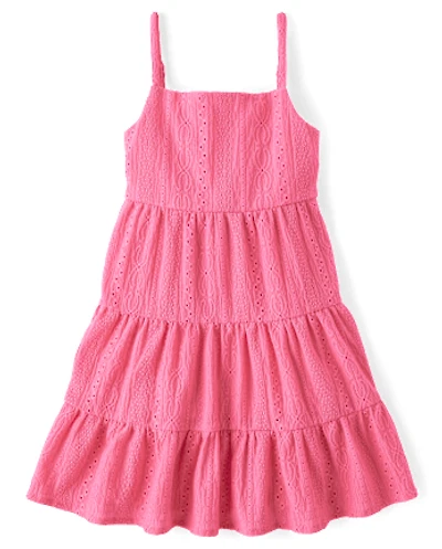 Girls Bow Back Eyelet Tiered Dress