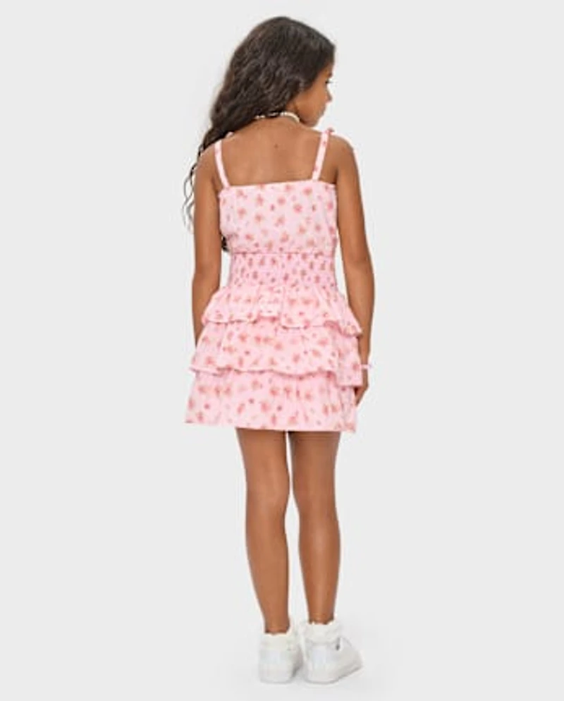 Girls Floral Smocked Tiered Dress