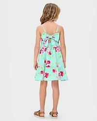 Girls Floral Bow Back Poplin Tiered Dress