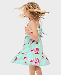 Girls Floral Bow Back Poplin Tiered Dress