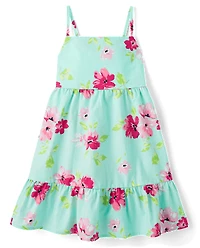Girls Floral Bow Back Poplin Tiered Dress