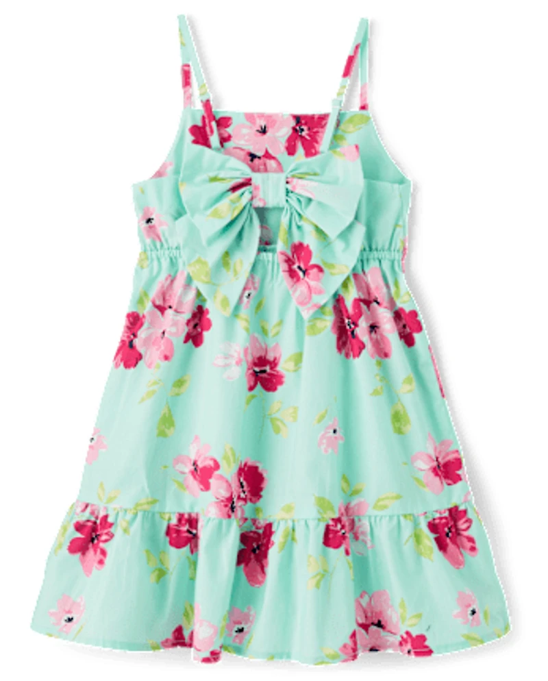 Girls Floral Bow Back Poplin Tiered Dress