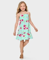 Girls Floral Bow Back Poplin Tiered Dress