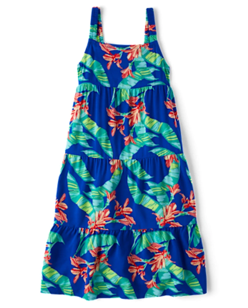Girls Matching Family Tropical Midi Tiered Dress