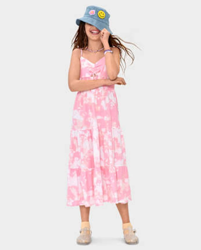 Girls Print Smocked Maxi Tiered Dress
