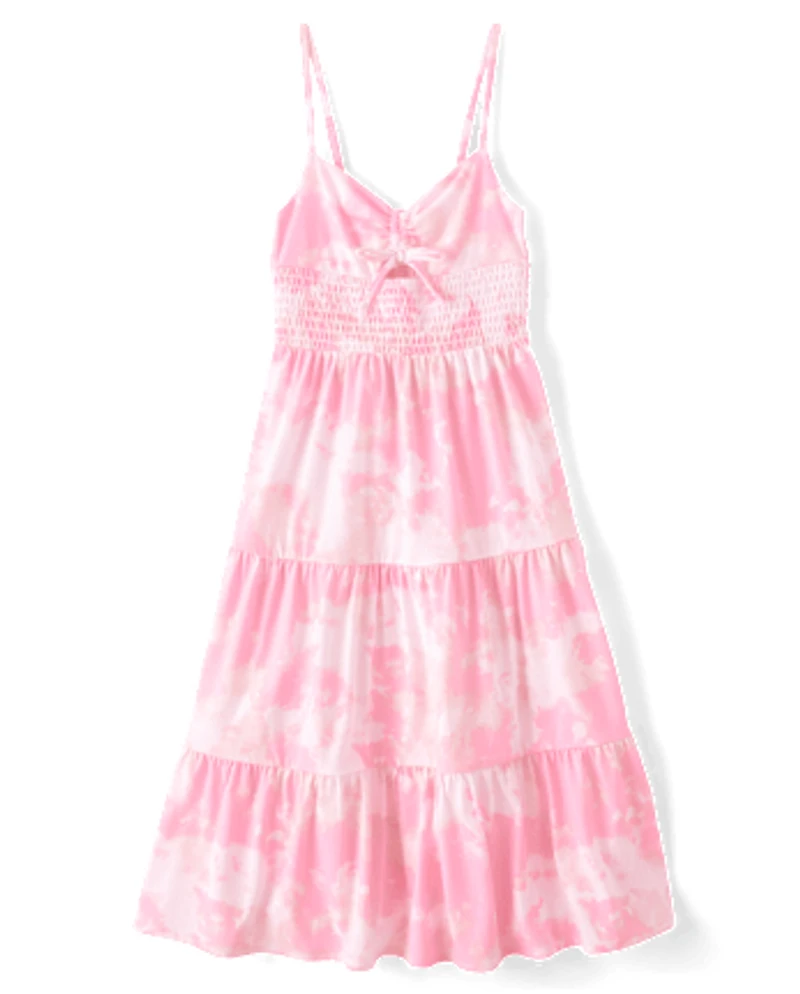 Girls Print Smocked Maxi Tiered Dress