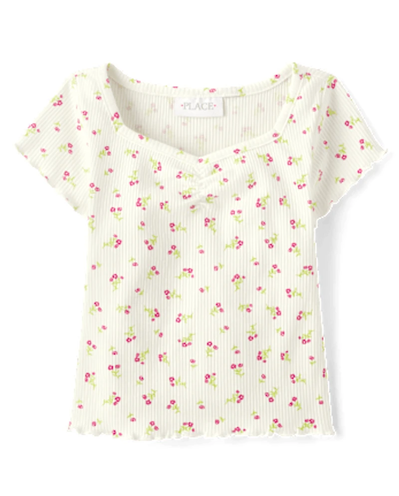 Girls Floral Ribbed Cropped Baby Tee