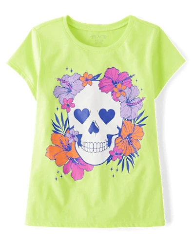 Girls Summerween Skull Flowers Graphic Tee
