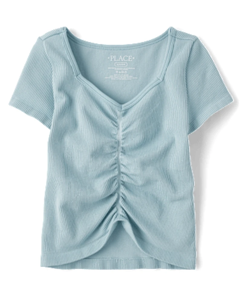 Girls Seamless Ribbed Ruched Top