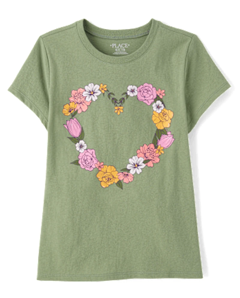 Girls Floral Heart Graphic Tee