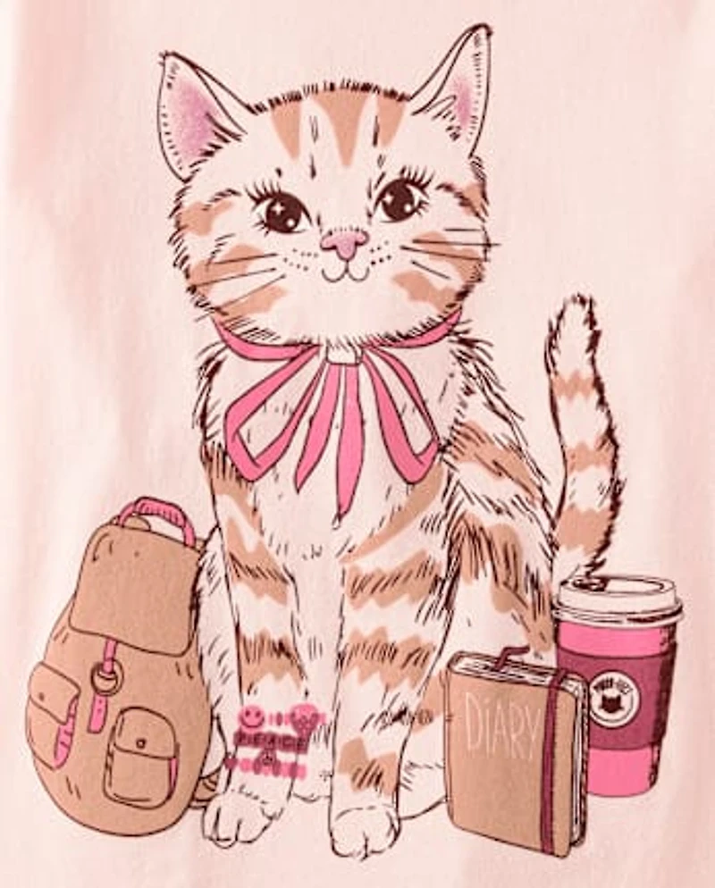 T-shirt graphique rose pour fille avec motif chat