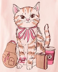 T-shirt graphique rose pour fille avec motif chat