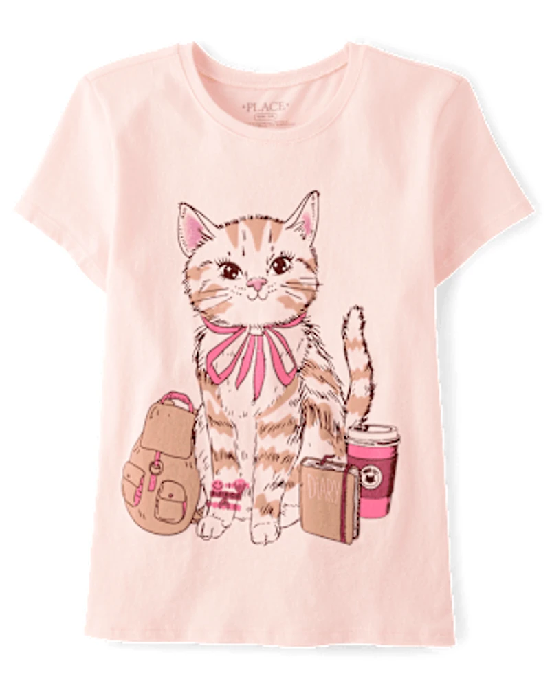 T-shirt graphique rose pour fille avec motif chat