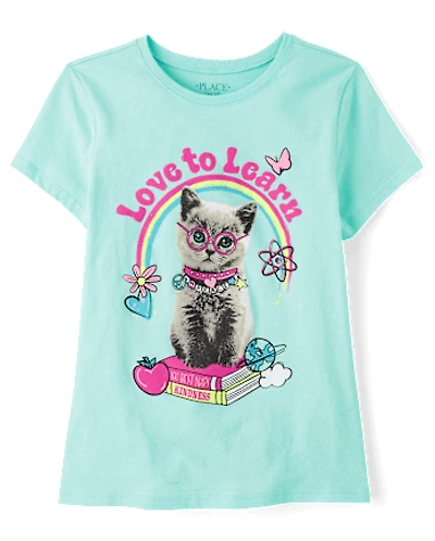 Girls Love to Learn Cat Graphic Tee