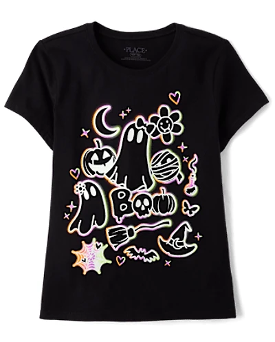Girls Glow Halloween Doodles Graphic Tee