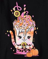 Girls Fall Cat Drink Graphic Tee