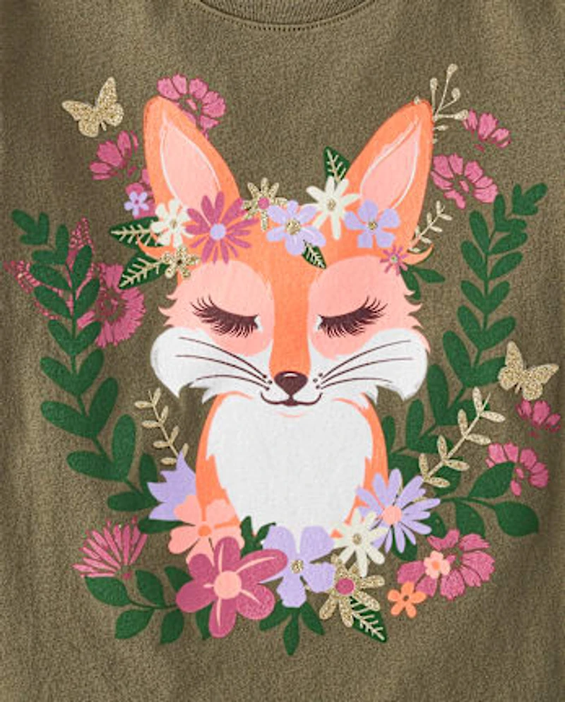 Girls Flower Crown Fox Graphic Tee