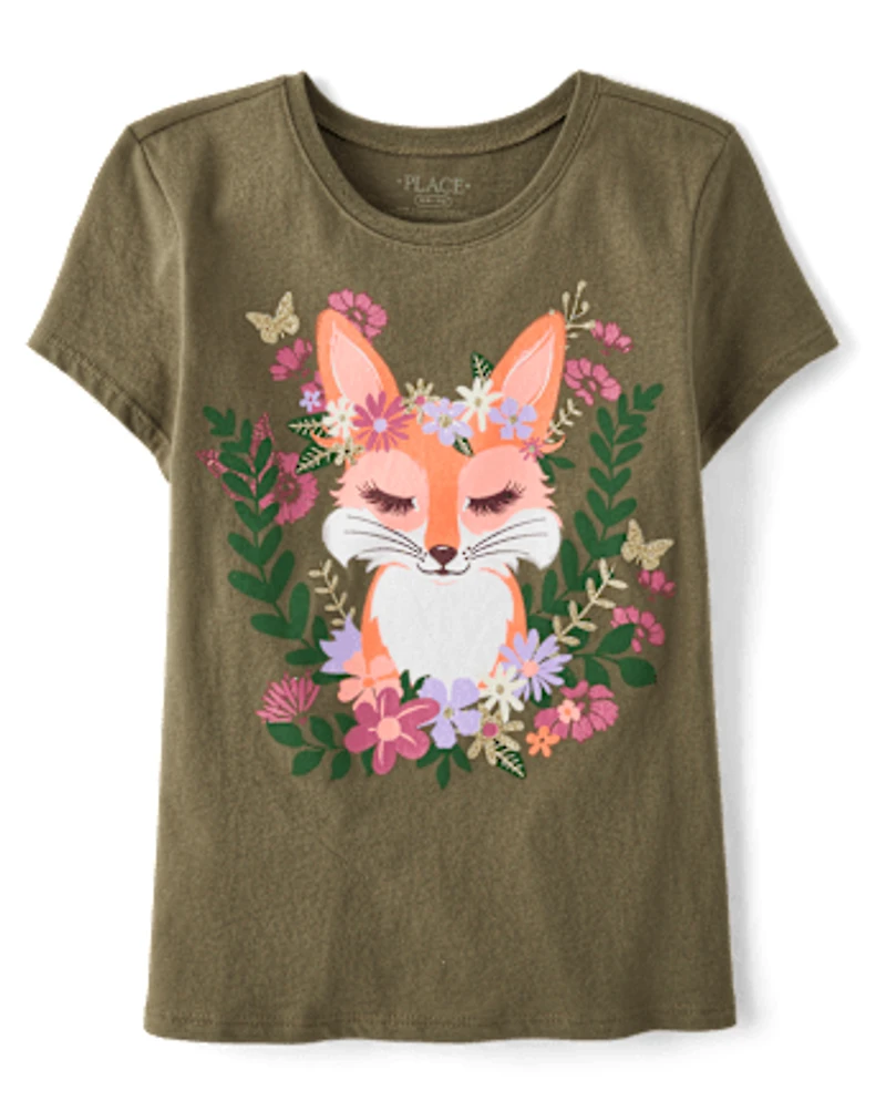 Girls Flower Crown Fox Graphic Tee