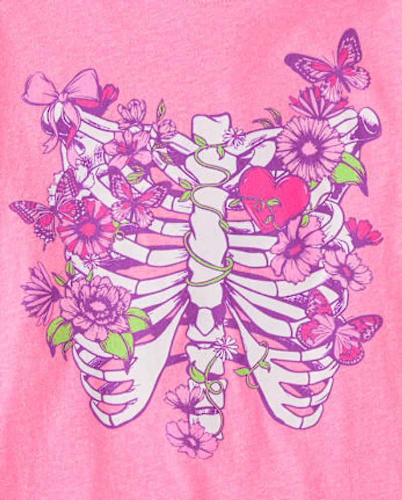 Girls Floral Skeleton Bones Graphic Tee