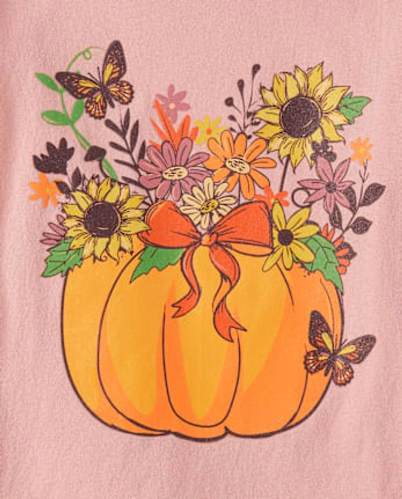 T-shirt graphique à motif citrouille florale pour fille