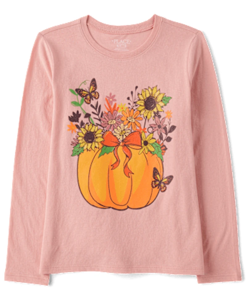 T-shirt graphique à motif citrouille florale pour fille