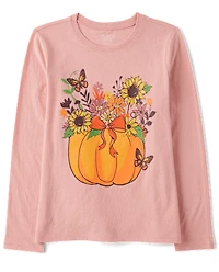T-shirt graphique à motif citrouille florale pour fille