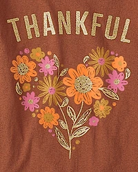Girls Thankful Flower Heart Graphic Tee