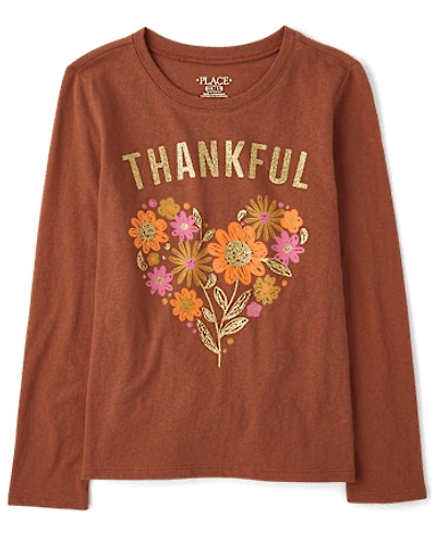 Girls Thankful Flower Heart Graphic Tee