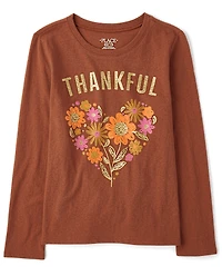 Girls Thankful Flower Heart Graphic Tee