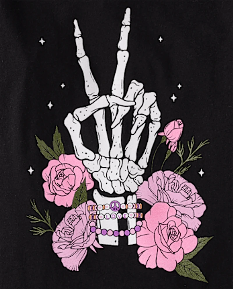 Girls Glow Skeleton Peace Graphic Tee