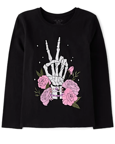 Girls Glow Skeleton Peace Graphic Tee