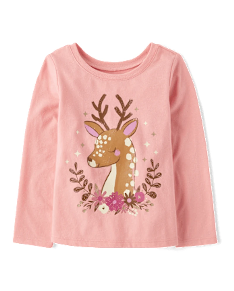 Baby And Toddler Girls Floral Deer Graphic Tee