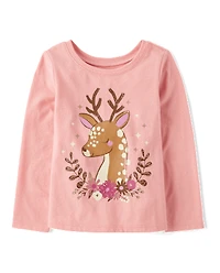 Baby And Toddler Girls Floral Deer Graphic Tee