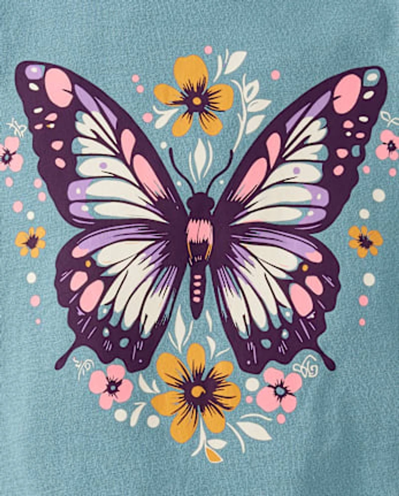 T-shirt graphique à motif floral et papillon pour bébé petite fille